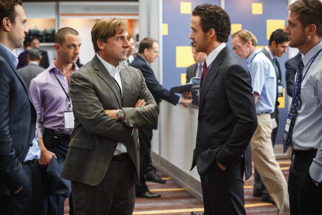 Hedge fund manager Mark Baum (Steve Carell) buys into the Jenga-based business proposal of Jared Vennett (Ryan Gosling).