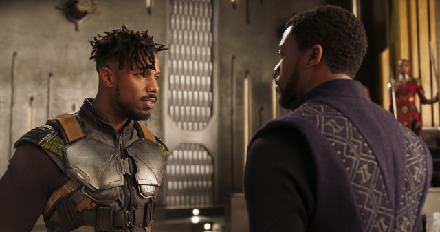 Erik "Killmonger" Stevens (Michael B. Jordan) surprises T'Challa and other leaders with his seemingly well-founded claim to Wakanda's throne.