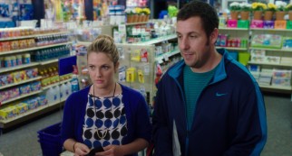 Lauren (Drew Barrymore) and Jim (Adam Sandler) awkwardly reunite in a drug store where they are buying pornography and tampons, respectively.