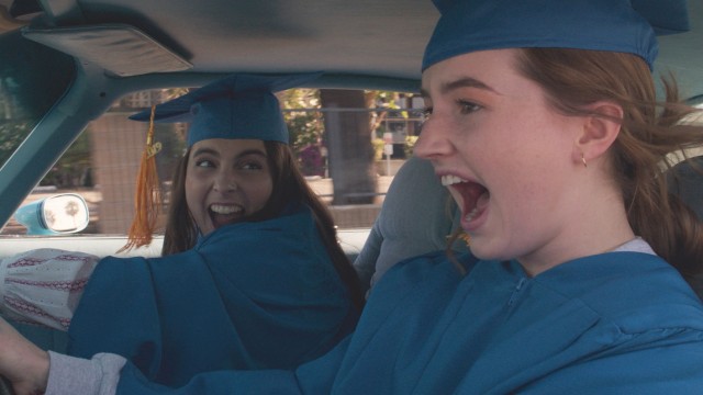 Molly (Beanie Feldstein) and Amy (Kaitlyn Dever) make a mad drive to get to their graduation.