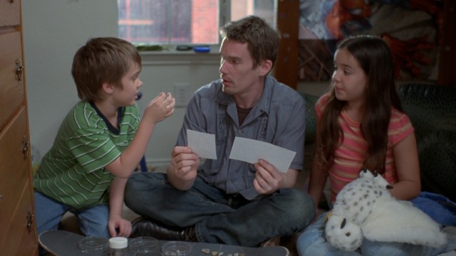 Cool divorced dad Mason (Ethan Hawke) is subjected to two separate conversations from his children Mason Jr. (Ellar Coltrane) and Samantha (Lorelei Linklater).