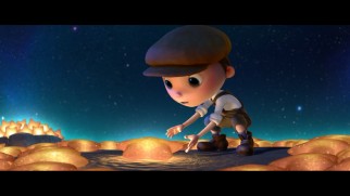 A boy sweeps up glowing star-shaped moon rocks with his father and grandfather in the Pixar short film "La Luna."