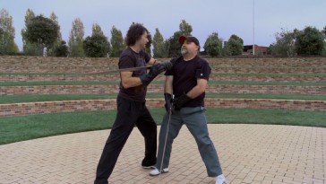 Director Mark Andrews and story supervisor Brian Larsen have a swordfight to help them visualize the "Brawl in the Hall."