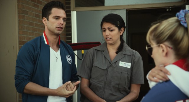 Maggie's janitor mother (Cecily Strong) considers having her daughter coached by gold medalist Lance Tucker (Sebastian Stan).