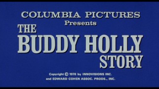 The Buddy Holly Story's trailer ends with a white title against a blue screen.