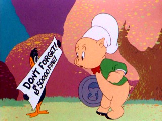 Daffy Duck gives Porky Pig reason not to shoot him in the hunting comedy "May Favorite Duck."