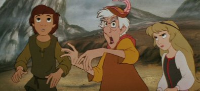 Taran, Dallben, and Eilonwy stand up to the forces of darkness in "The Black Cauldron."