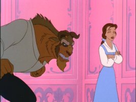 Beast growls at Belle for some reason or another.