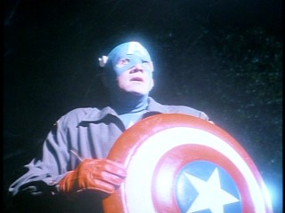 Captain America (Matt Salinger) does not glow, it only looks that way when Nazi light catches him at just the right angle.