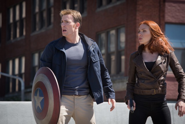 In "Captain America: The Winter Soldier", Steve Rogers (Chris Evans) teams up with his fellow Avenger, Black Widow (Scarlett Johansson).