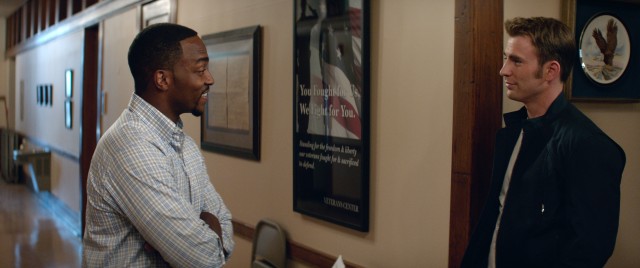 Captain America (Chris Evans) finds a friend in Iraq war veteran Sam Wilson (Anthony Mackie).