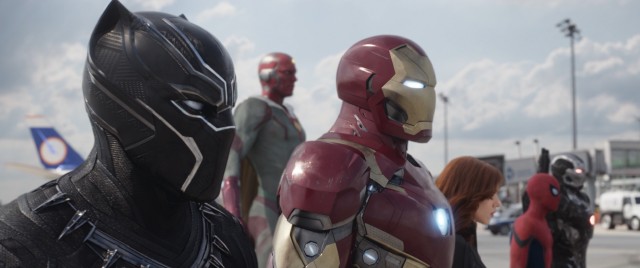 Black Panther, The Vision, Iron Man, Black Widow, Spider-Man, and War Machine represent one side of "Captain America: Civil War."