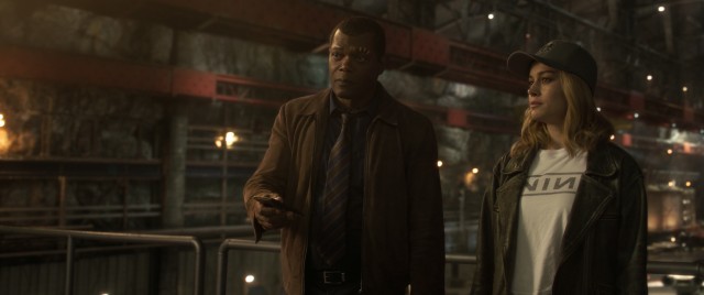 A younger Nick Fury (a digitally youthened two-eyed not bald Samuel L. Jackson) and '90s-fashioned Carol Danvers (Brie Larson) team up in Marvel's "Captain Marvel."