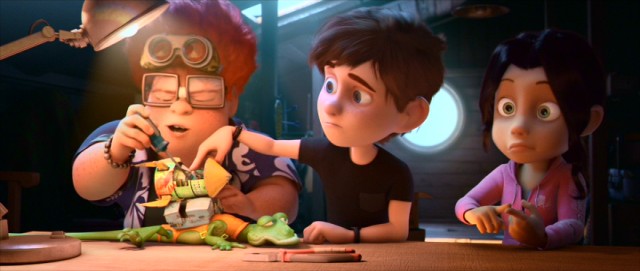 Marty, Mike, and Amy prepare for a mission with Marty's rocket-powered lizard Igor.