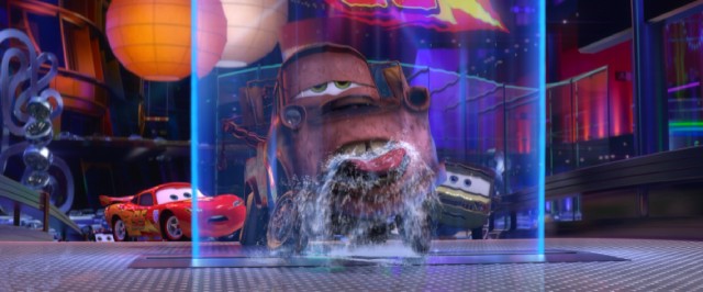 At a reception in Tokyo, Mater embarrasses Lightning McQueen with his Wasabi-fueled water wall licks.