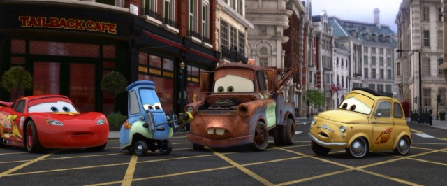 Guido and Luigi try to disarm a bomb attached to Mater's hood in the London climax of "Cars 2."