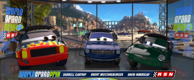 Racing experts Darrell Cartrip (Darrell Waltrip), Brent Mustangburger (Brent Musburger), and David Hobbscap (David Hobbs) share their thoughts on the World Grand Prix.