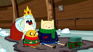 The Ice King is embarrassed after crashing Finn and Jake's viewing party of his buried secret tapes.
