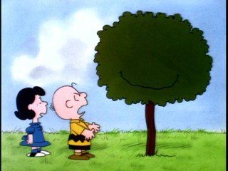 Charlie Brown is not happy with the smiling tree that just ate his kite.