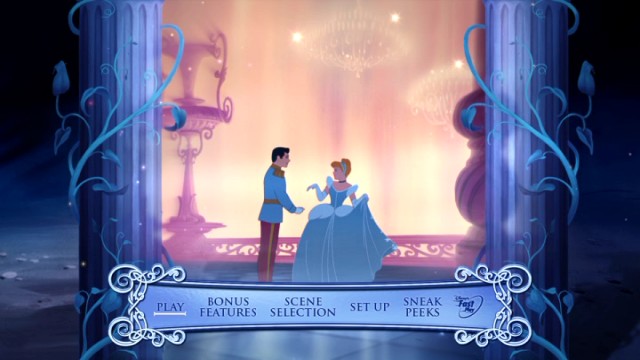 Closely resembling the Blu-ray, the new Cinderella DVD's menu plays clips of the film between two ivy-wrapped pillars.