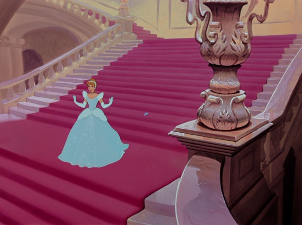 Cinderella fortuitously loses a glass slipper in her rushed getaway from the royal castle.