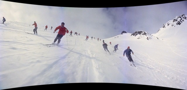 Swiss skiers come downhill towards you in "Cinerama Holiday."