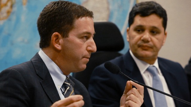Rio-based American journalist Glenn Greenwald gives an impassioned speech in Portuguese at a Brazilian press conference.