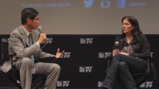Dennis Lim questions director Laura Poitras at the New York Film Festival's Film Society Lincoln Center event.