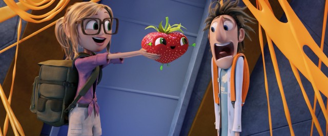 Sam Sparks passes Barry the strawberry to Flint Lockwood in "Cloudy with a Chance of Meatballs 2."