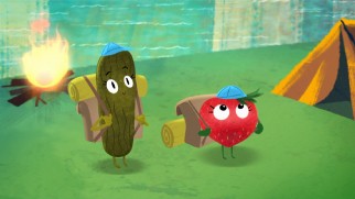 A pickle and Barry the strawberry go camping with Earl in the all-new short "Earl Scouts."