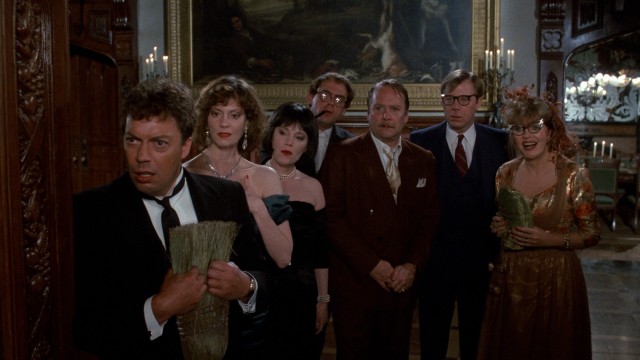 The seven "Clue" leads (Tim Curry, Lesley Ann Warren, Madeline Kahn, Christopher Lloyd, Martin Mull, Michael McKean, and Eileen Brennan) try to respond casually to an inquiring police officer.