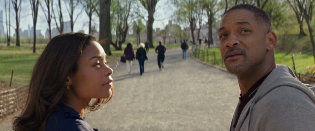 While on a walk through Central Park with grief therapist Madeline (Naomie Harris), Howard Inlet (Will Smith) looks off into the distance to see his three friends.