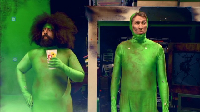 Reggie Watts and Scott Aukerman don green screen body suits on "Comedy Bang! Bang!"