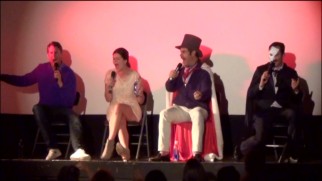 Scott Aukerman, Casey Wilson, Andrew Lloyd Webber (Paul F. Tompkins) and The Phantom (Thomas Lennon) resort to musical counting of seconds at the end of their CineFamily Musical Episode Talkback panel.