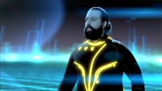 Bandleader Reggie Watts goes to great lengths to read a tweet in a "Tron"-inspired scene from Season 2's premiere.