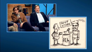 Tom Perdy (Mike Hanford) shows off his smart, funny oil-centric political cartoons to the bafflement of Andy Richter and everyone else.