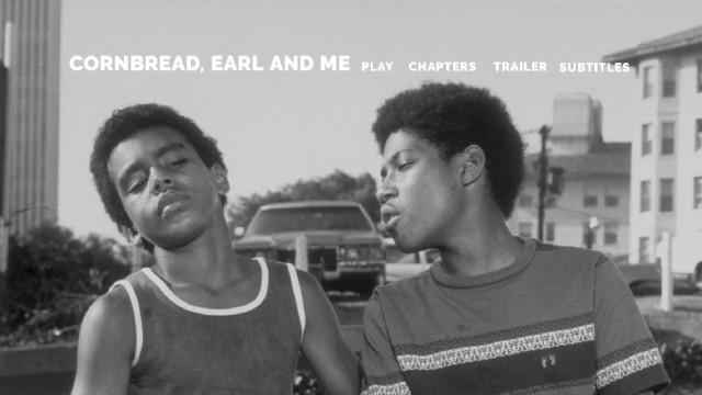 The cover art and top menu image for "Cornbread, Earl and Me" are black and white, but the film is not.
