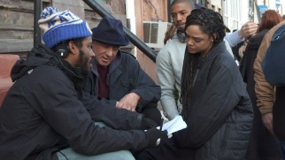 Ryan Coogler directs Stallone, Jordan, and Thompson from a Philadelphia stoop in "Know the Past, Own the Future."