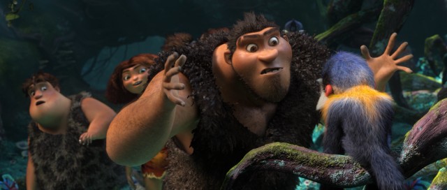 Protective caveman patriarch Grug is unprepared for this small punch monkey's mighty face punch in DreamWorks' "The Croods."