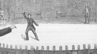 An illustration depicts John Wilkes Booth in his famous post-assassination proclamation in "The Conspirator: Mary Surratt and the Plot to Kill Lincoln."