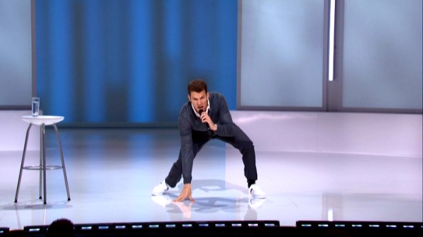 Daniel Tosh crouches into position to reassure those opposed to gay marriage that no law can stop Heaven's defense line from upholding the sanctity of the afterlife.