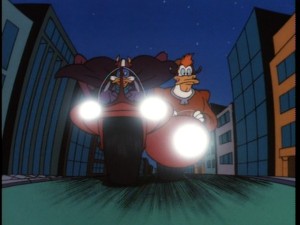 Feeling refreshed, Darkwing and Launchpad speed off to the rescue. Anyone else feeling a Batman vibe?
