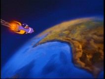 Baby Darkwing flies in a rocket ship to earth in a scene highly reminiscent of 1978's "Superman".