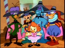Negaverse Gosalyn accompanied by four of the not-so-fearsome five: Bushroot, Megavolt, the Liquidator, and Quackerjack.