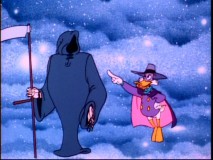 Darkwing convinces the Grim Reaper (voiced by Frollo himself, Tony Jay) to give him one more hour in limbo to defeat Megavolt.