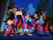 Darkwing Duck accompanied by the Darkwing Squad, his not-so-polished group of trainees.