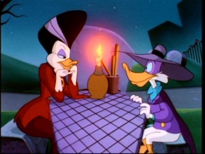 Morgana and Darkwing share a romantic dinner together... at least, as romantic as it can get in a graveyard.