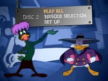 Disc Two's main menu has Bushroot showcasing Darkwing's amazing floating abilities.