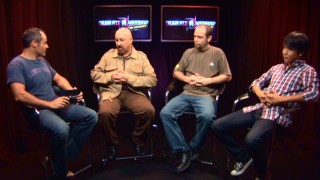 In Disc 2's "The Aftermath" roundtables, host Kieron Elliott (far left) talks with Gary Tarpinian, Ryo Okada, and Steve Meyer, three people who make the show what it is.
