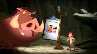 Pumbaa wields a Safety Smart clipboard in Timon and his new UL-sponsored cartoon shorts.